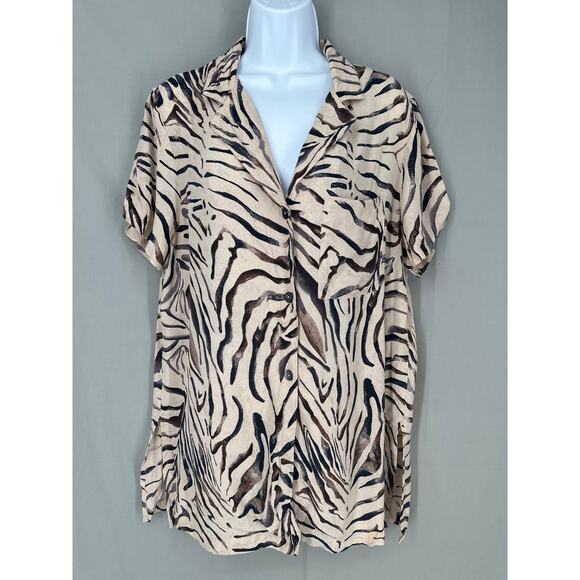 90s Vintage Top Womens Medium Beige Animal Print Zebra Button Tunic Brown - Picture 1 of 8